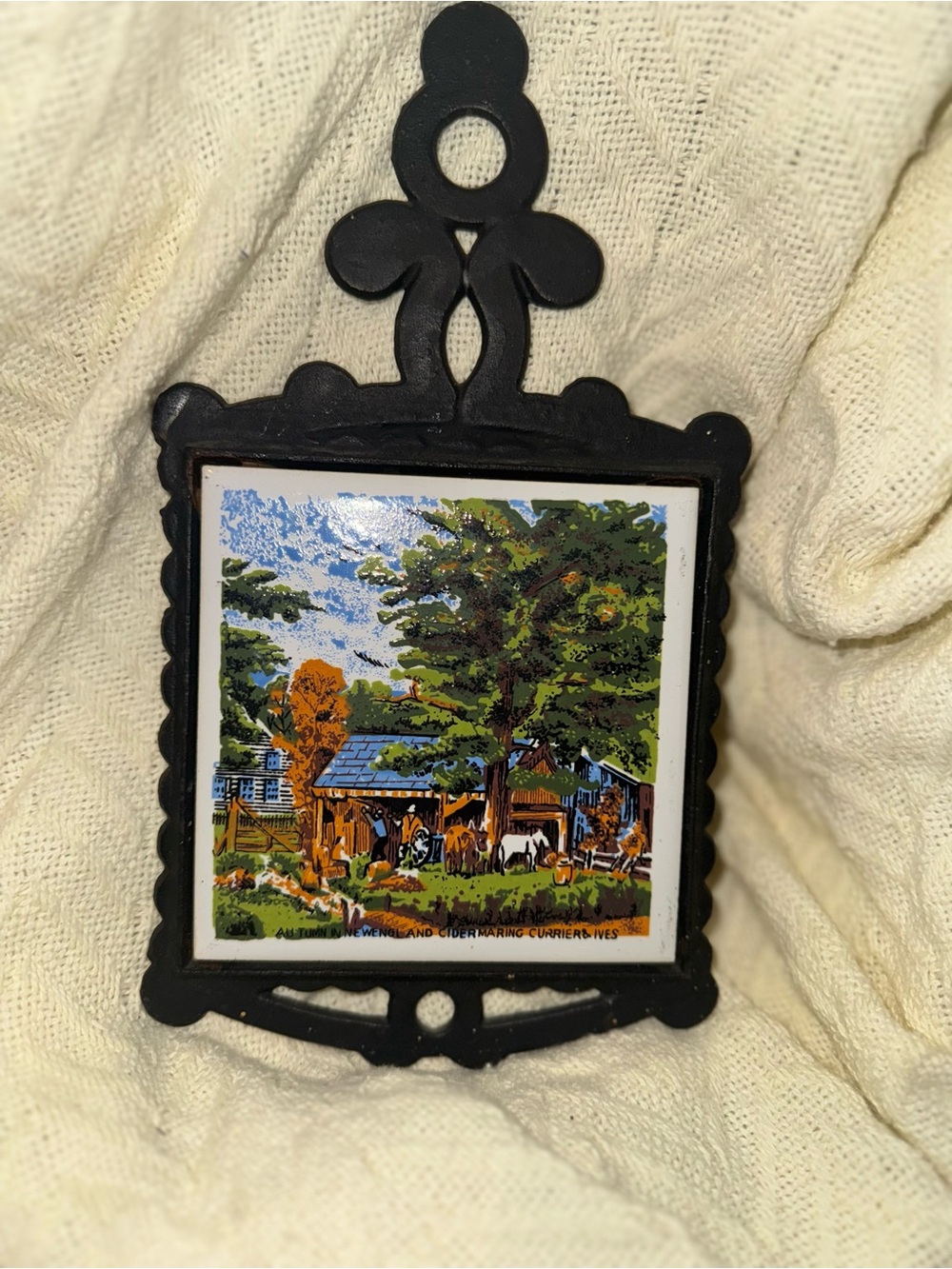 Black Cast Iron Framed Ceramic Currier & Ives Tile Wall Accent - Black